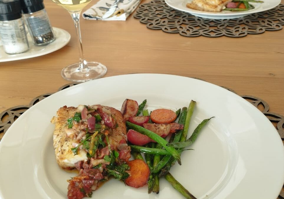 Pan-Fried Cape Salmon with a Fresh Mediterranean Olive Topping